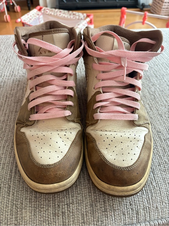 Nike Shoes - Women's Brown and White High-Top Sneakers with Pink Laces